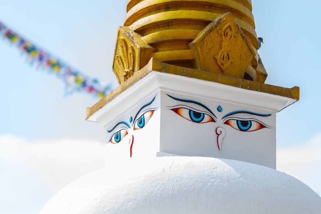 Close-up of the iconic Boudhanath Stupa with eye details in Kathmandu, Nepal.